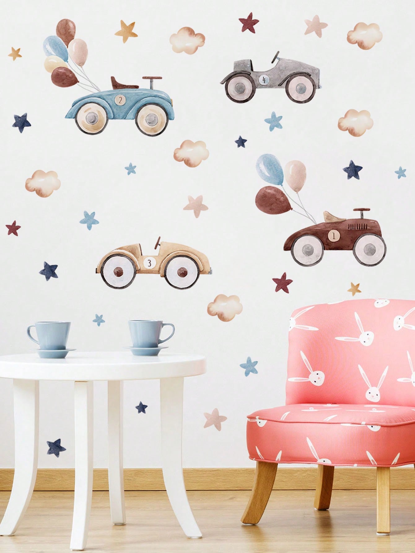 AUTOS CLASICOS CON GLOBOS, NUBES Y ESTRELLAS