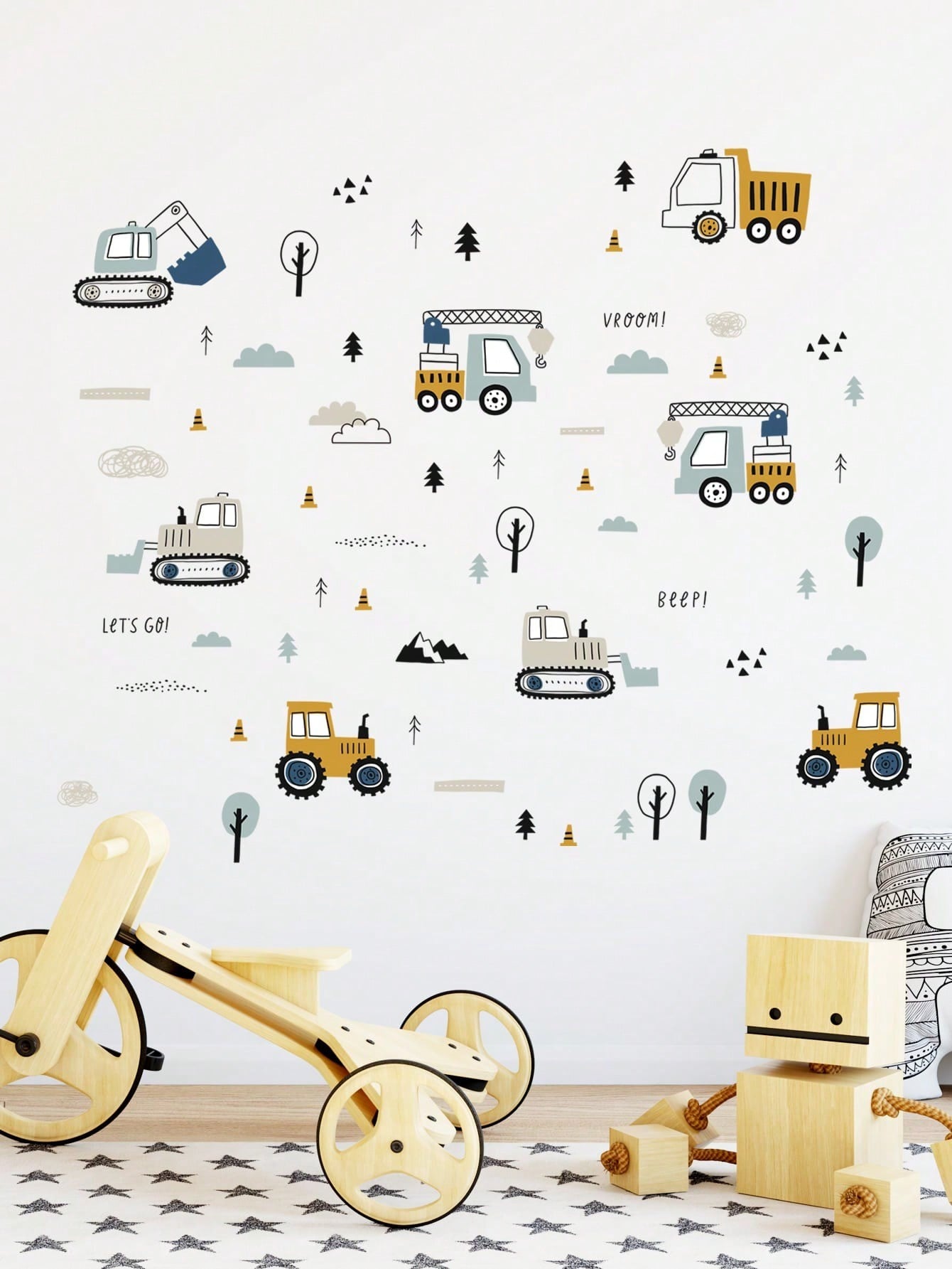 MAQUINAS DE CONSTRUCCIÓN CON ARBOLES Y NUBES